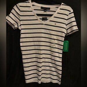 Tommy Hilfiger Women's Black and White Striped V-Neck Tee